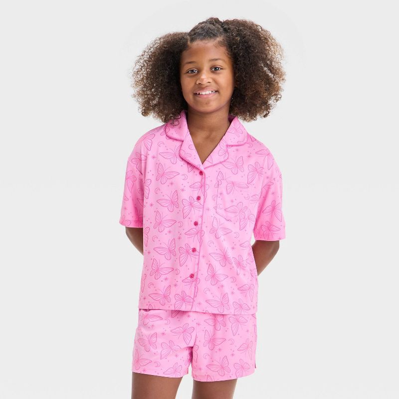 slide 3 of 4, Girls' 'Butterflies' Short Sleeve Button-Up Pajama Set - art class™ Pink XXL: Recycled Polyester, Notched Collar, Knit Fabric, 1 ct