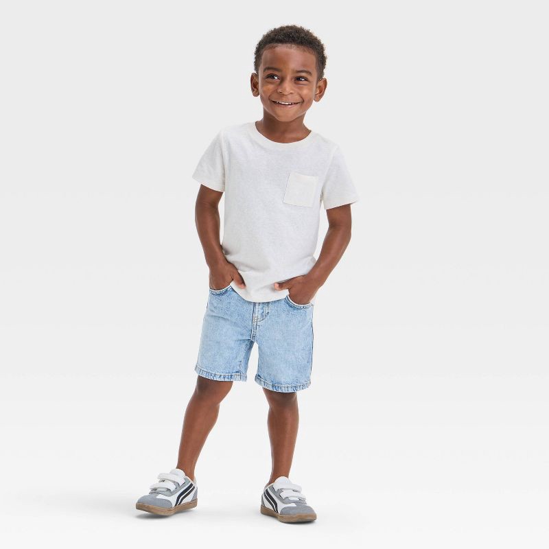 slide 3 of 3, Toddler Boys' Button Front Pocket Denim Shorts - Cat & Jack™ Light Blue 3T: Adjustable Waistband, Stretch Fabric, 1 ct