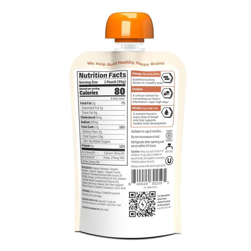 slide 2 of 9, Brainiac Kids Little Brainiac Neuro+ Oats Prebiotics Baby Food Pouch with Omega 3s - Banana Cinnamon Oat - 3.5oz, 3.5 oz