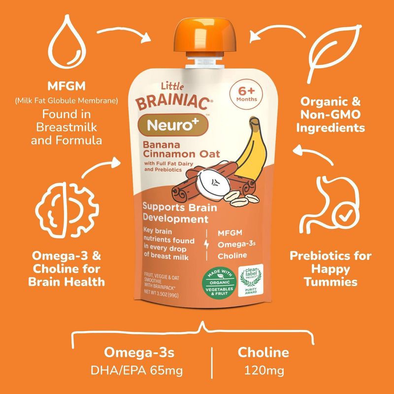 slide 3 of 9, Brainiac Kids Little Brainiac Neuro+ Oats Prebiotics Baby Food Pouch with Omega 3s - Banana Cinnamon Oat - 3.5oz, 3.5 oz