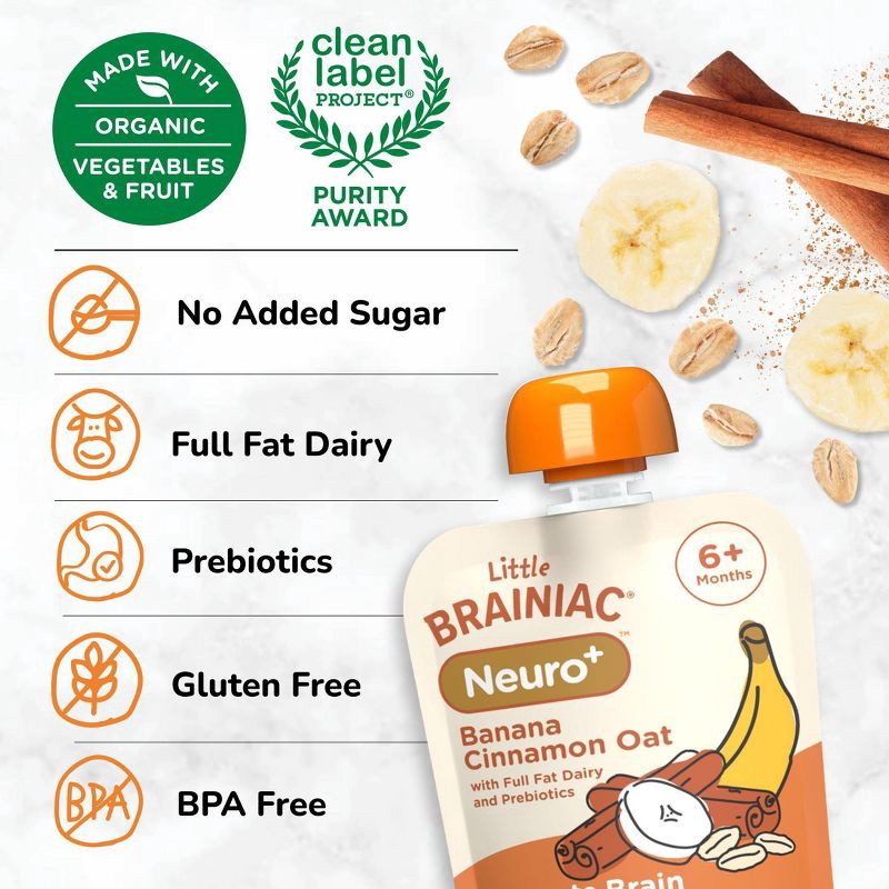 slide 4 of 9, Brainiac Kids Little Brainiac Neuro+ Oats Prebiotics Baby Food Pouch with Omega 3s - Banana Cinnamon Oat - 3.5oz, 3.5 oz