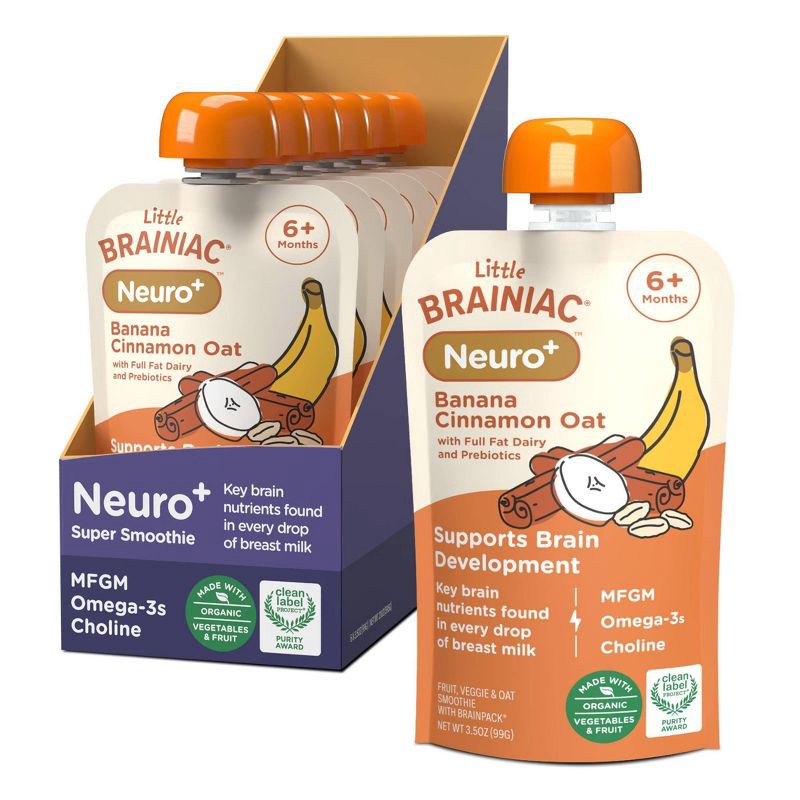 slide 5 of 9, Brainiac Kids Little Brainiac Neuro+ Oats Prebiotics Baby Food Pouch with Omega 3s - Banana Cinnamon Oat - 3.5oz, 3.5 oz