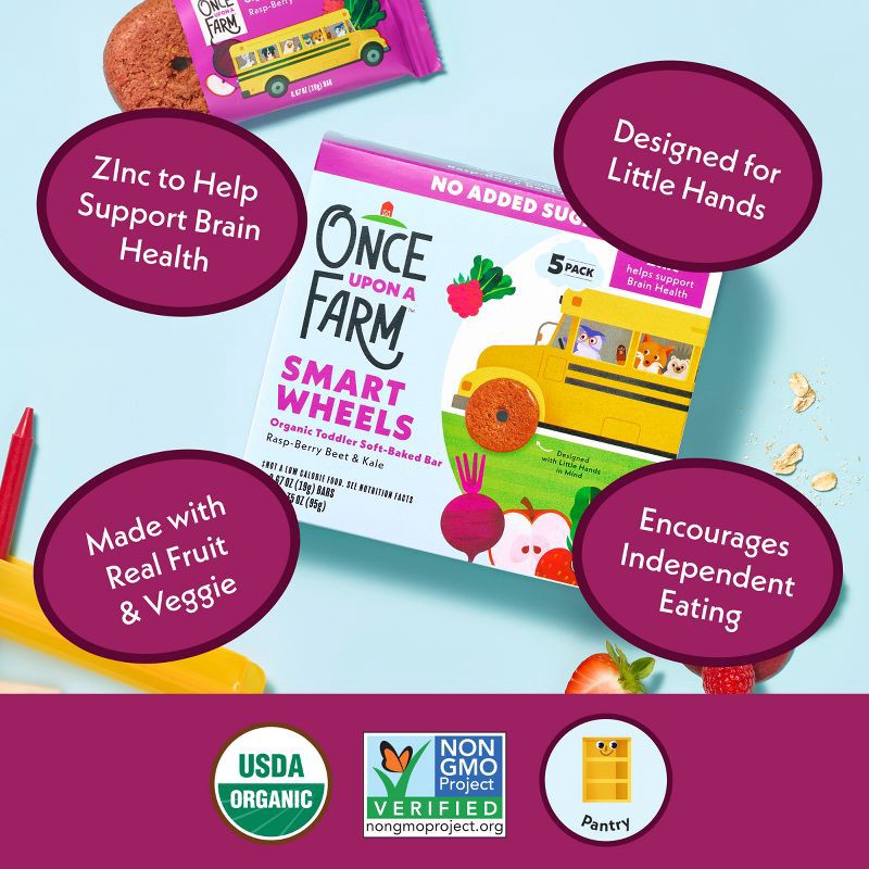 slide 5 of 11, Once Upon a Farm Smart Wheels Baby Meals - Rasp-Berry & Kale - 0.67oz/5ct, 5 ct; 0.67 oz