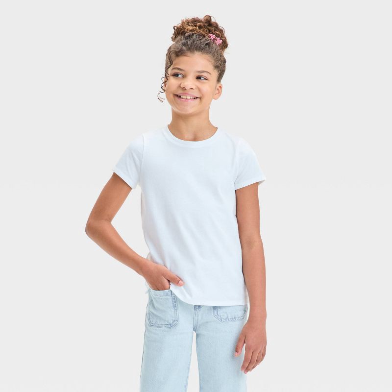 slide 1 of 3, Girls' Short Sleeve Solid T-Shirt - Cat & Jack™ White XS: Cotton Blend, Recycled Polyester, Lightweight Jersey, Crew Neck, Tagless, 1 ct