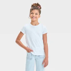 Girls&#x27; Short Sleeve Solid T-Shirt - Cat &amp; Jack™ White M: Cotton Blend, Recycled Polyester, Lightweight Jersey, Tagless Pullover