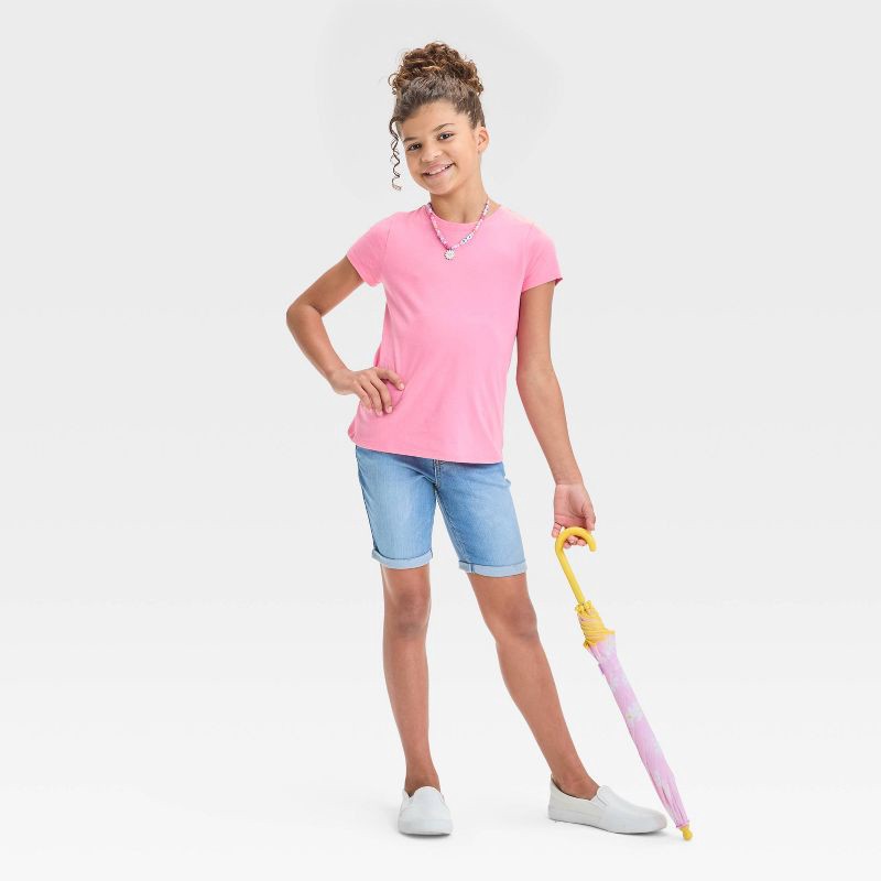 slide 3 of 3, Girls' Short Sleeve Solid T-Shirt - Cat & Jack™ Medium Pink M: Crew Neck, Tagless Design, 1 ct
