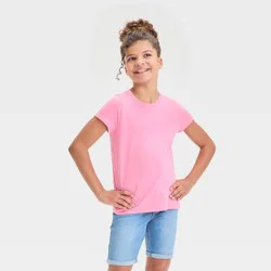 Girls&#x27; Short Sleeve Solid T-Shirt - Cat &amp; Jack™ Medium Pink M: Crew Neck, Tagless Design