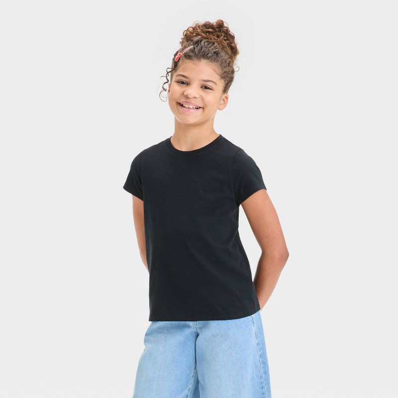 slide 1 of 3, Girls' Short Sleeve Solid T-Shirt - Cat & Jack™ Black XS: Cotton Blend, Recycled Polyester, Crew Neck, Tagless, Pullover, 1 ct