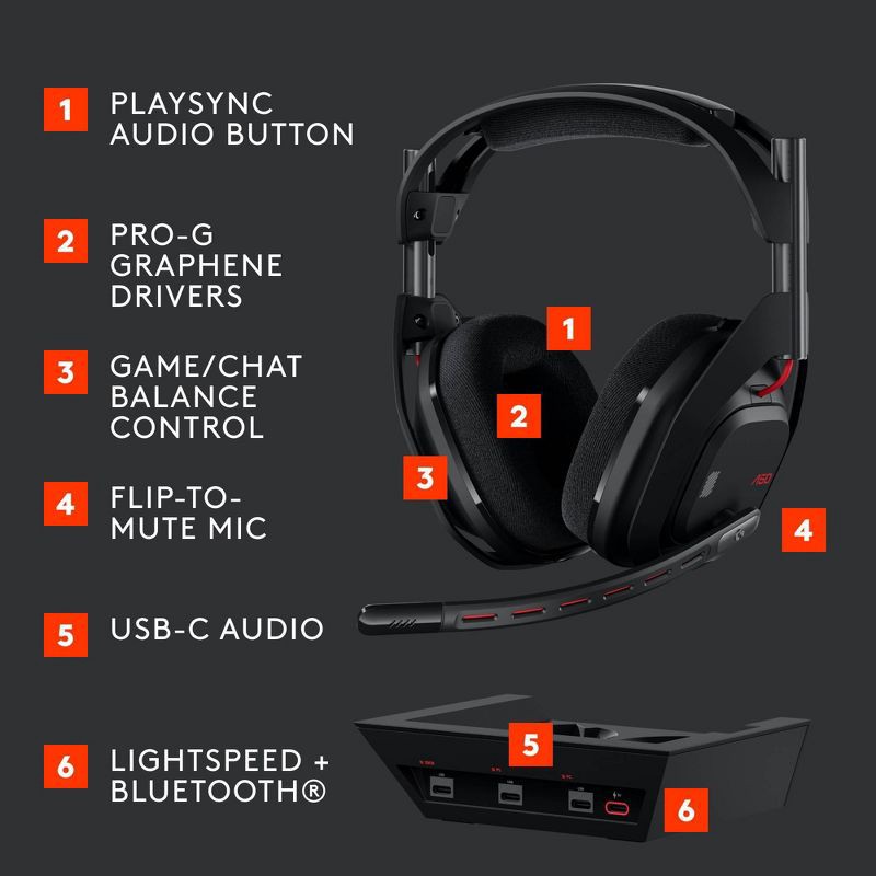 slide 6 of 11, Astro A50 LIGHTSPEED Wireless Gaming Headset + Base Station (Gen 5) for Xbox - Black: Adjustable Headband, Built-In Microphone, Multi-Pairing, 1 ct