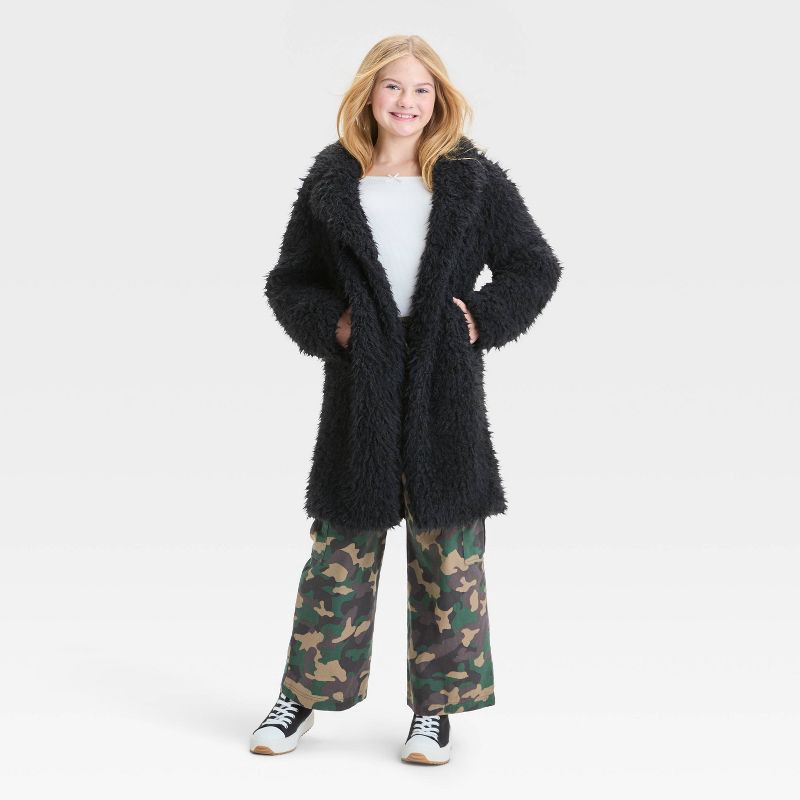 slide 1 of 3, Girls' Long Faux Fur Jacket - art class™ Black S, 1 ct