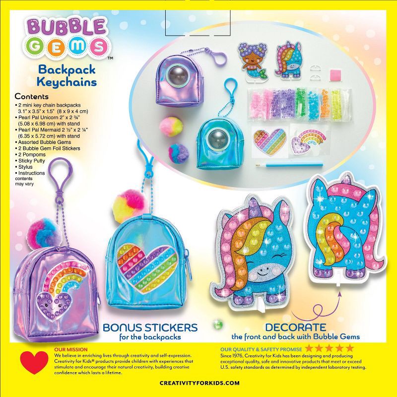 slide 13 of 13, Creativity for Kids Bubble Gem Backpack Keychains: DIY Art Kit with Gems, Key Rings, Stickers & Pom Poms for Ages 6+, 1 ct