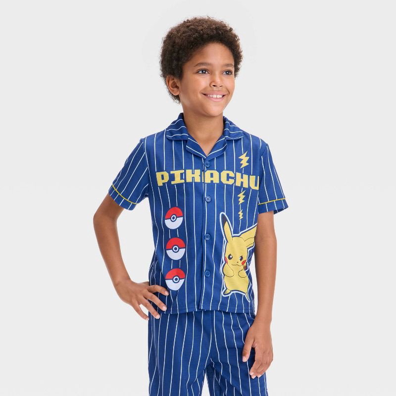 slide 3 of 4, Pokemon Boys' Pokémon 2pc Short Sleeve Baseball Jersey Coat Pajama Set - Navy Blue S, 2 ct