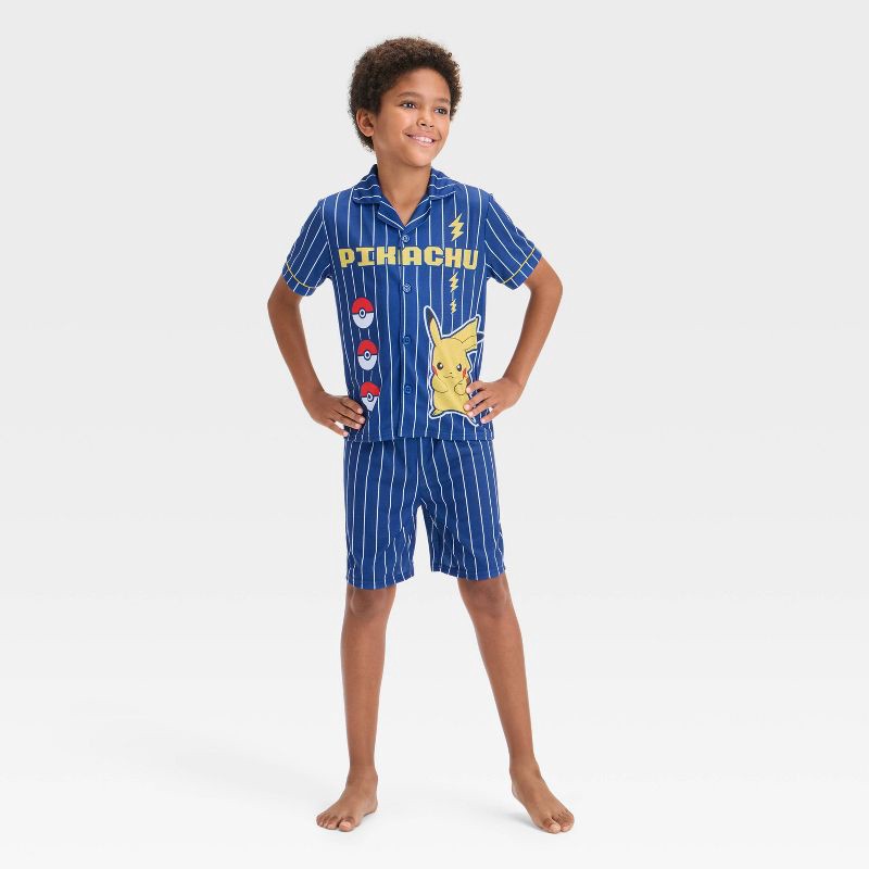 slide 1 of 4, Pokemon Boys' Pokémon 2pc Short Sleeve Baseball Jersey Coat Pajama Set - Navy Blue L, 2 ct