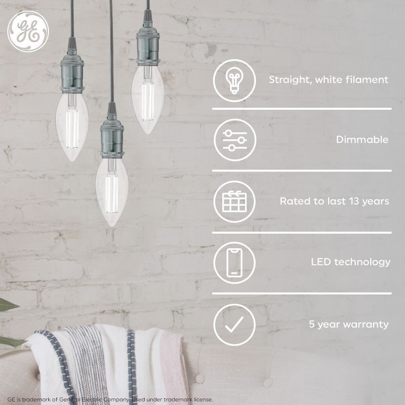 slide 6 of 7, GE Household Lighting GE 3pk Pearl HD Soft White 60W LED Deco Candelabra Base BC Light Bulbs, 3 ct