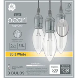 GE Household Lighting GE 3pk Pearl HD Soft White 60W LED Deco Candelabra Base BC Light Bulbs