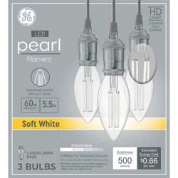GE Household Lighting GE 3pk Pearl HD Soft White 60W LED Deco Candelabra Base BC Light Bulbs