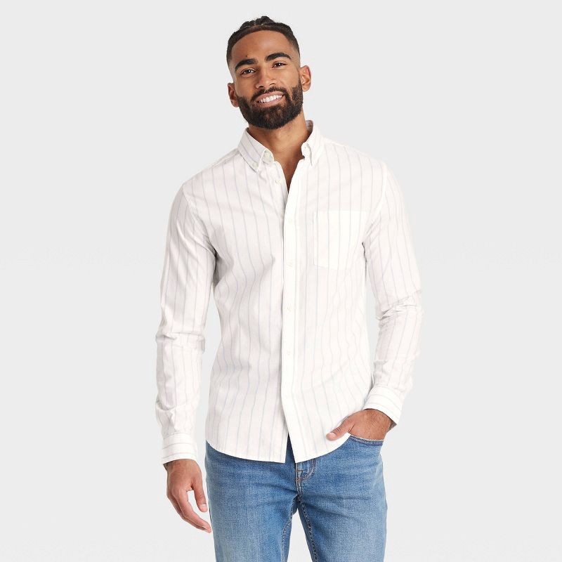 slide 1 of 3, Men's Long Sleeve Button-Down Shirt - Goodfellow & Co™ Ivory M: Cotton-Spandex Blend, Slim Fit, Plaid Pattern, Front Pocket, 1 ct
