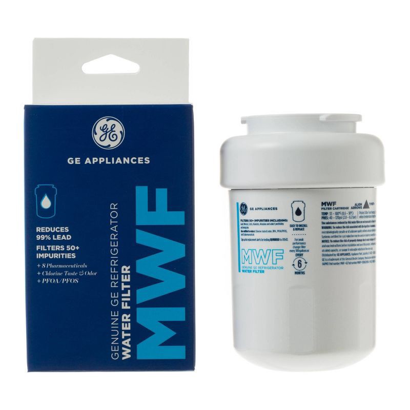 slide 1 of 7, GE Appliances MWF Replacement Refrigerator Water Filter: Filters Lead, Asbestos, Chlorine, Pesticides, 1-Year Warranty, 1 ct