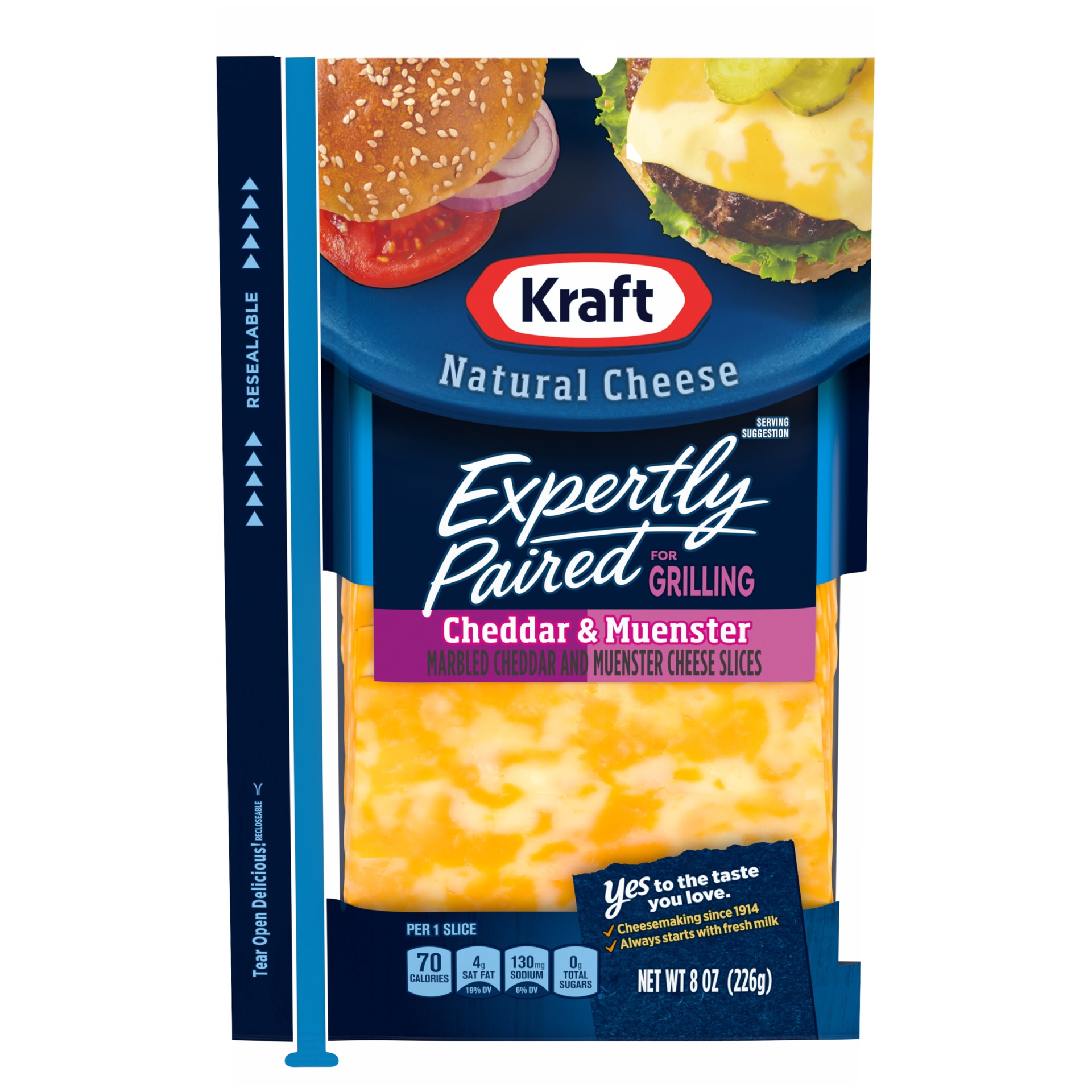 slide 1 of 2, Kraft Expertly Paired Cheddar & Muenster Cheese Slices for Grilling Pack, 8 oz