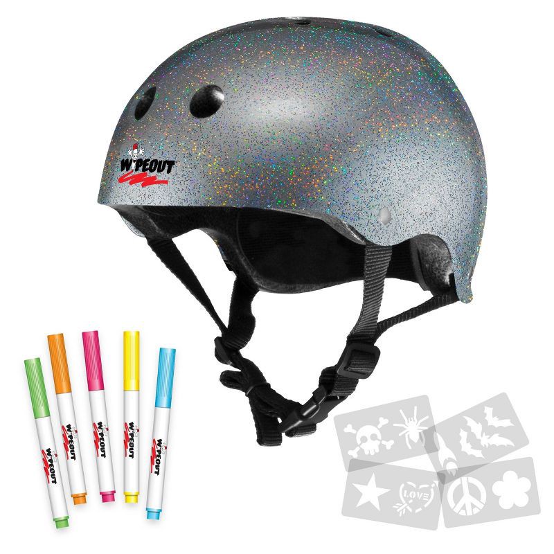 slide 1 of 3, Wipeout Dry Erase Kids 8+ Helmet - Silver Glitter: ABS, Padded, Adjustable Strap, 1 ct