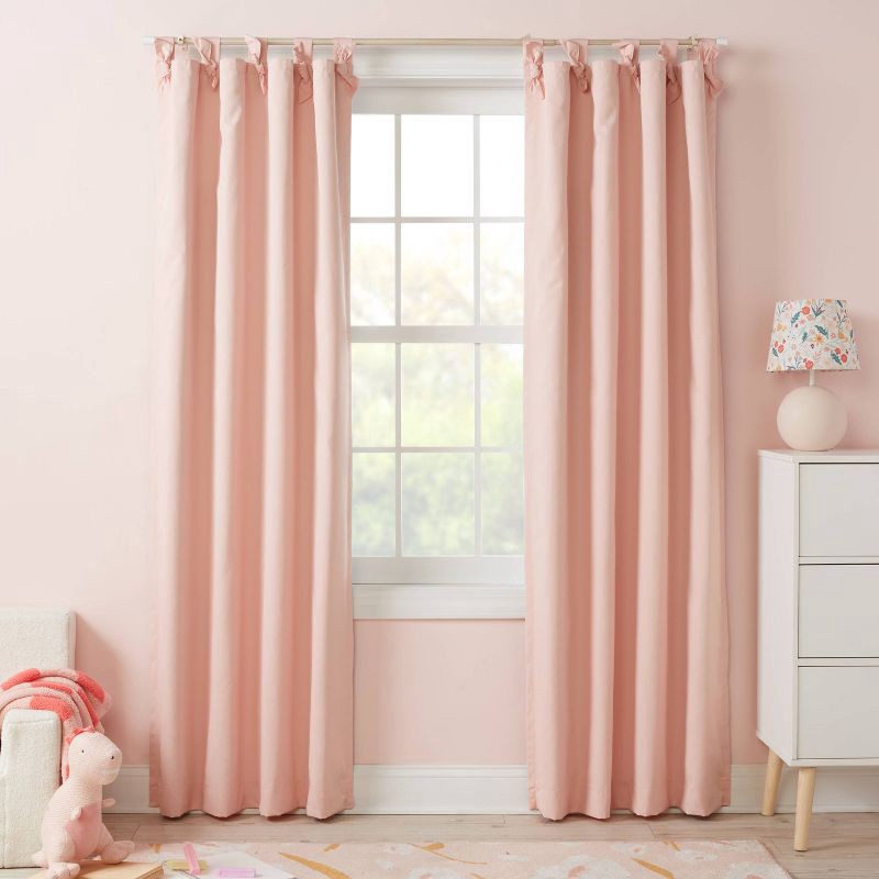 slide 2 of 5, 42"W x 84"L Tie Top Embellished Kids' Blackout Window Curtain Panel with Ties Pink - Pillowfort™, 1 ct