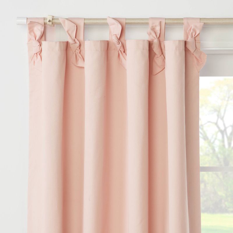 slide 1 of 5, 42"W x 84"L Tie Top Embellished Kids' Blackout Window Curtain Panel with Ties Pink - Pillowfort™, 1 ct
