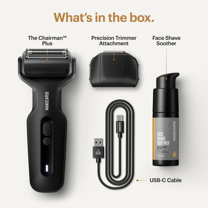 slide 4 of 12, Manscaped The Chairman Plus Essentials Kit, Electric Foil Face Shaver and SkinSafe Precision Trimmer with Soothing Aftershave Serum, 1 ct