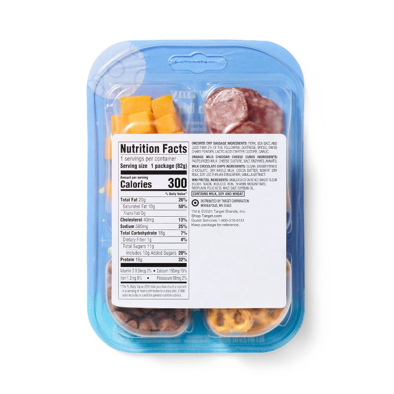 slide 2 of 4, Teeny Tiny Lunch Bites Uncured Dry Sausage Nuggets, Cheddar Cheese, Milk Chocolate Chips & Pretzels 2.9oz - Good & Gather™", 2.9 oz