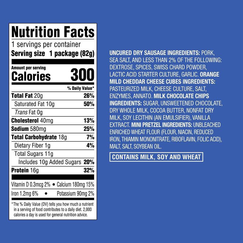 slide 4 of 4, Teeny Tiny Lunch Bites Uncured Dry Sausage Nuggets, Cheddar Cheese, Milk Chocolate Chips & Pretzels 2.9oz - Good & Gather™", 2.9 oz