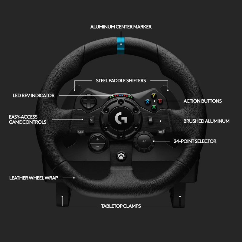slide 6 of 9, Logitech G923 Racing Wheel and Pedals for Xbox Series X|S, Xbox One and PC: USB Connection, Rubber Grip, 1 ct