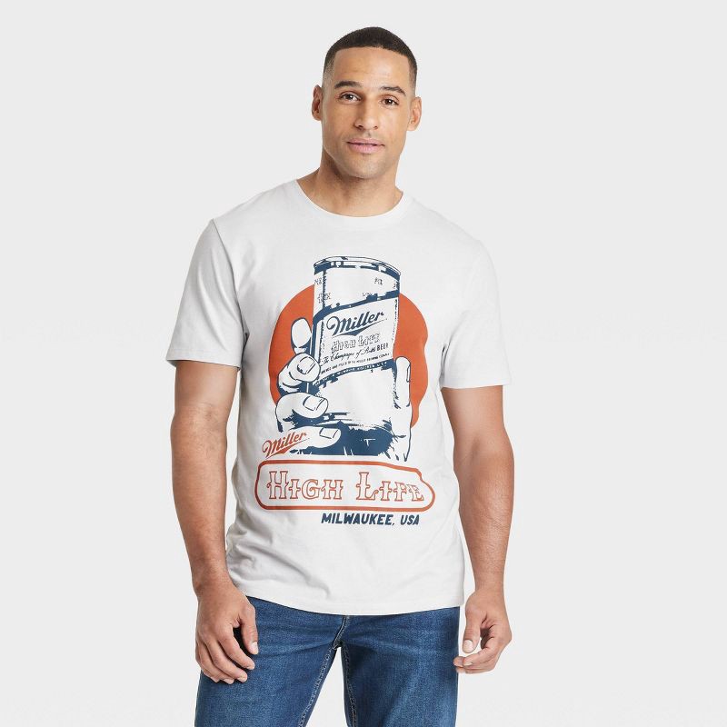 slide 1 of 3, Men's Miller High Life Short Sleeve Graphic T-Shirt - Goodfellow & Co™ Gray XL: Cotton-Polyester Blend, Crew Neck, Tagless Design, 1 ct