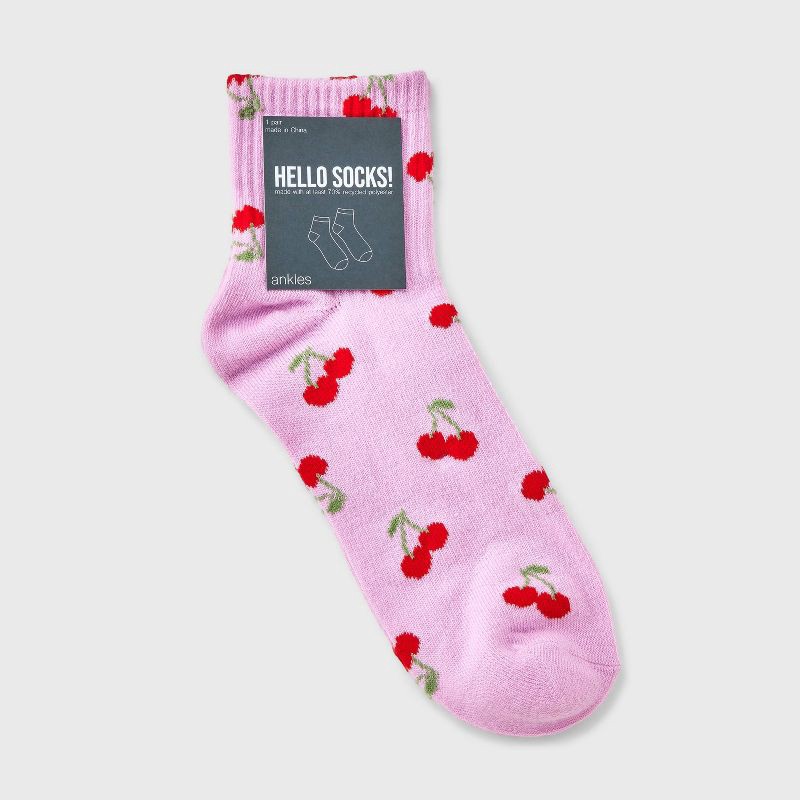 slide 2 of 3, Women's Cherries Ribbed Ankle Socks - Pink/Red 4-10: Lightweight, Banded Cuff, Recycled Polyester, 1 ct