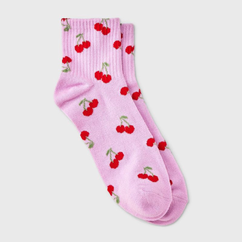 slide 1 of 3, Women's Cherries Ribbed Ankle Socks - Pink/Red 4-10: Lightweight, Banded Cuff, Recycled Polyester, 1 ct