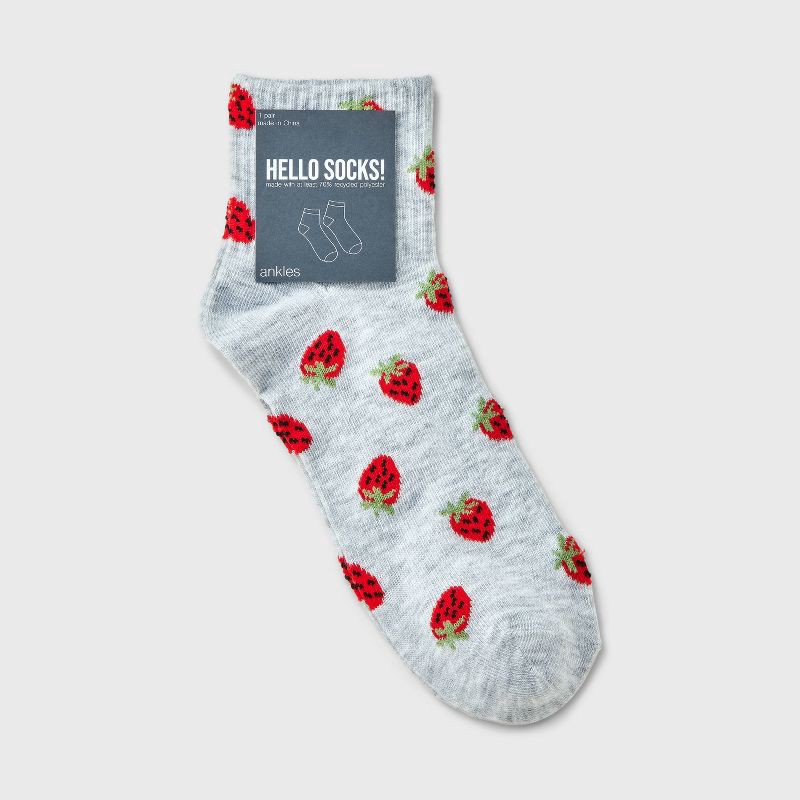 slide 2 of 3, Women's Strawberries Ribbed Ankle Socks - Heather Gray/Red 4-10: Lightweight, Banded Cuff, Recycled Polyester, 1 ct