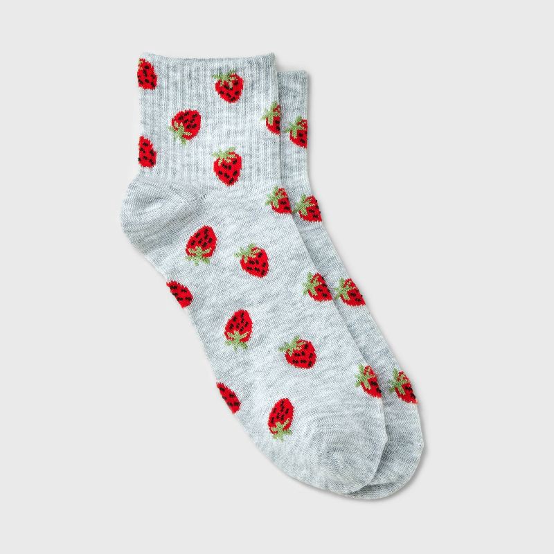 slide 1 of 3, Women's Strawberries Ribbed Ankle Socks - Heather Gray/Red 4-10: Lightweight, Banded Cuff, Recycled Polyester, 1 ct