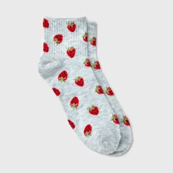 Women's Strawberries Ribbed Ankle Socks - Heather Gray/Red 4-10: Lightweight, Banded Cuff, Recycled Polyester