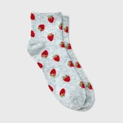 Women's Strawberries Ribbed Ankle Socks - Heather Gray/Red 4-10: Lightweight, Banded Cuff, Recycled Polyester