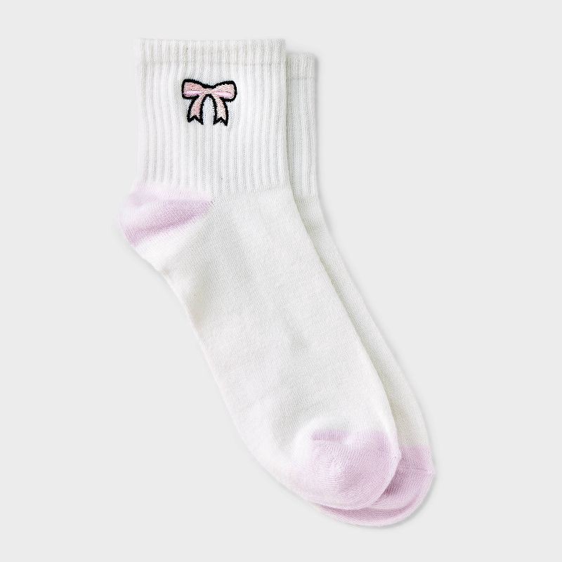 slide 1 of 3, Women's Embroidered Bow Ribbed Ankle Socks - Ivory/Pink 4-10: Lightweight, Banded Cuff, Recycled Polyester, 1 ct