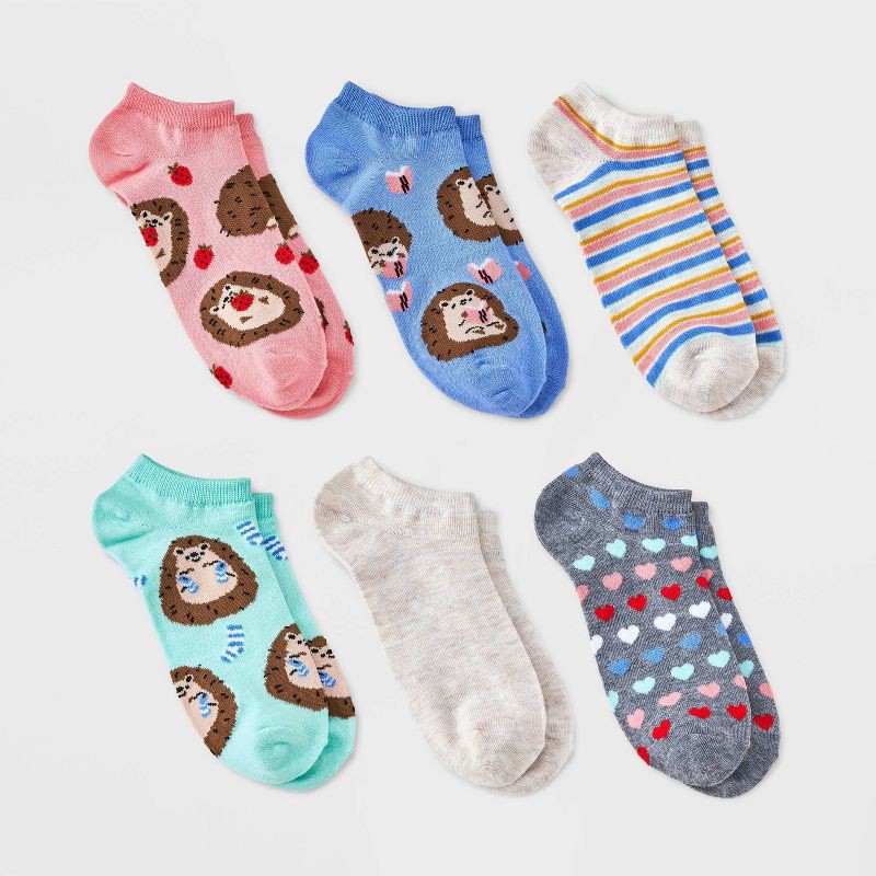 slide 1 of 3, Women's Cute Hedgehogs 6pk Low Cut Socks - Assorted Color 4-10: Lightweight Banded Cuff, Fruit Pattern, 6 ct