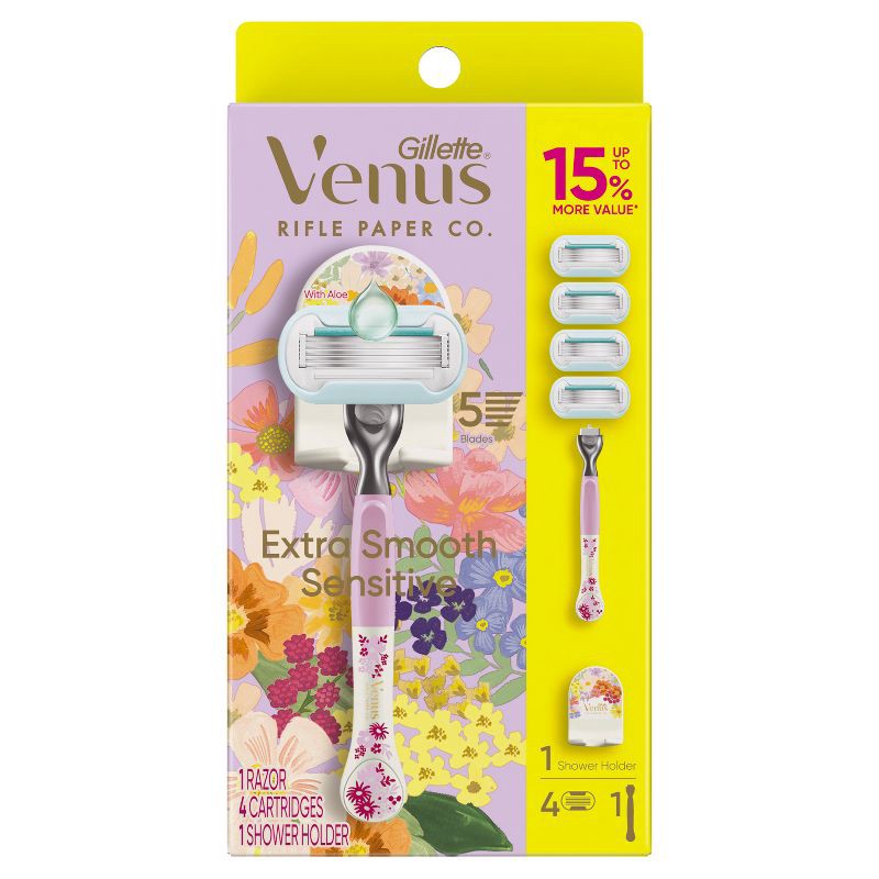 slide 4 of 6, Rifle Paper Co. + Venus Extra Smooth Sensitive Women's Razor Handle, 4 Razor Blade Refills and Shower Holder, 1 ct