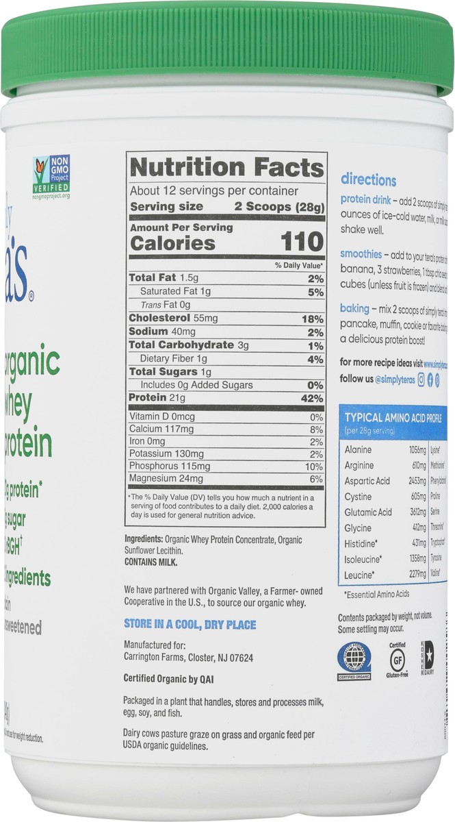 slide 5 of 14, Simply Teras Simply Tera Organic Plain Unsweetened Whey Protein Powder, 12 oz