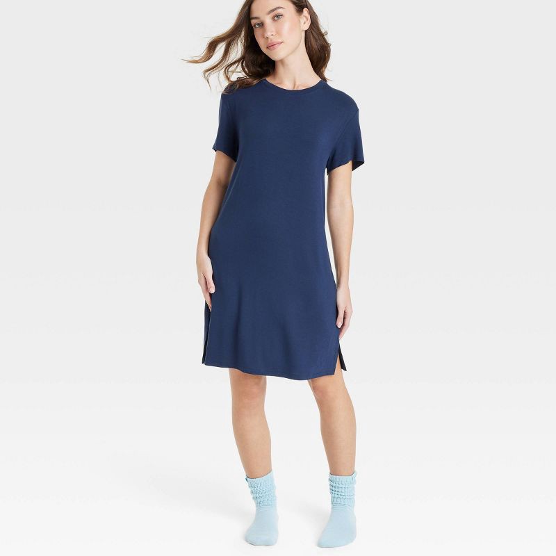 slide 3 of 5, Women's Cloud Knit Pajama T-Shirt Dress - Auden™ Navy Blue L: Modal-Spandex, Extra Lightweight, Short Sleeve, 1 ct