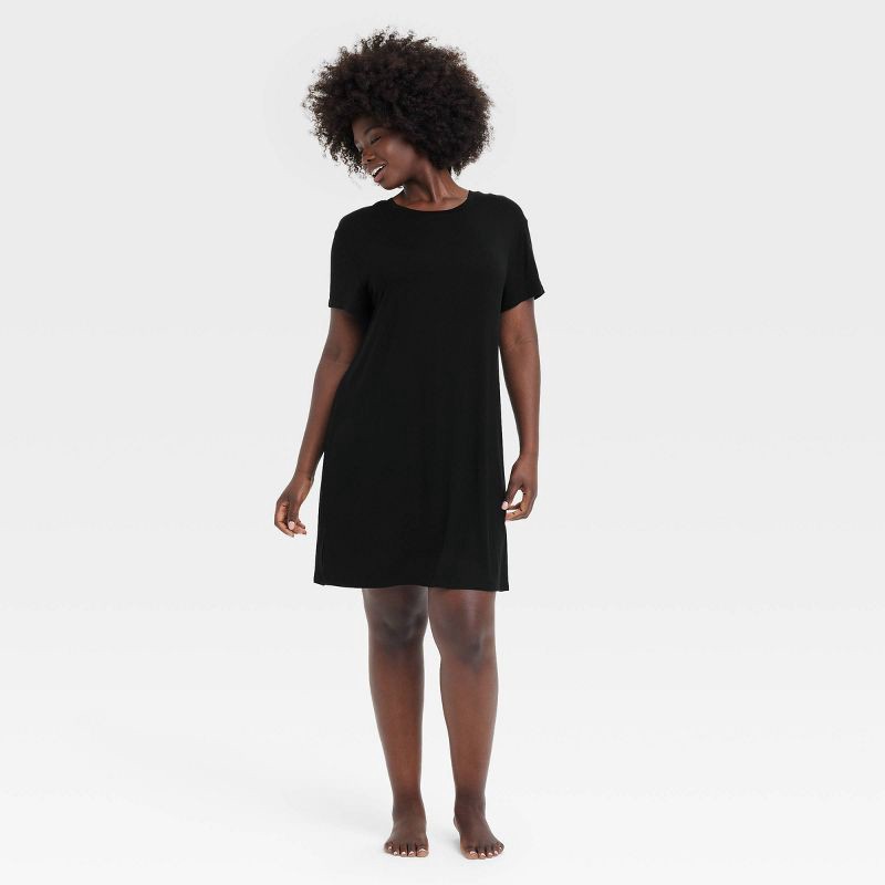 slide 4 of 5, Women's Cloud Knit Pajama T-Shirt Dress - Auden™ Black M: Modal Spandex Jersey, Short Sleeve, Crew Neck, 1 ct
