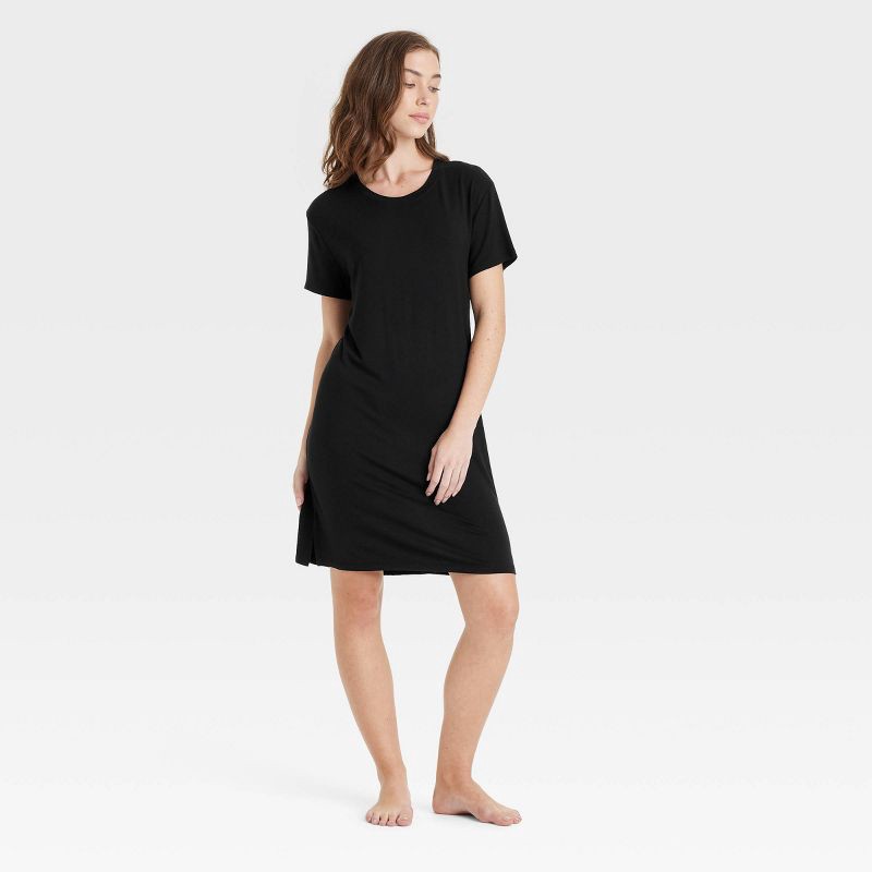 slide 1 of 5, Women's Cloud Knit Pajama T-Shirt Dress - Auden™ Black M: Modal Spandex Jersey, Short Sleeve, Crew Neck, 1 ct