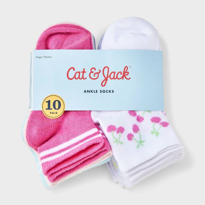 slide 2 of 3, Toddler 10pk 'Fruits' Ankle Socks - Cat & Jack™ 2T-3T: Lightweight Knit, Flat Seams, Stripe Pattern, Machine Washable, 10 ct