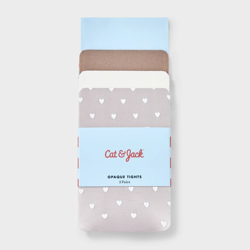 slide 2 of 3, Baby Girls' 3pk 'Hearts and Solid' Printed Tights - Cat & Jack™ Taupe/Gray/Ivory 12-24M: High Waisted Knit Hosiery, 3 ct