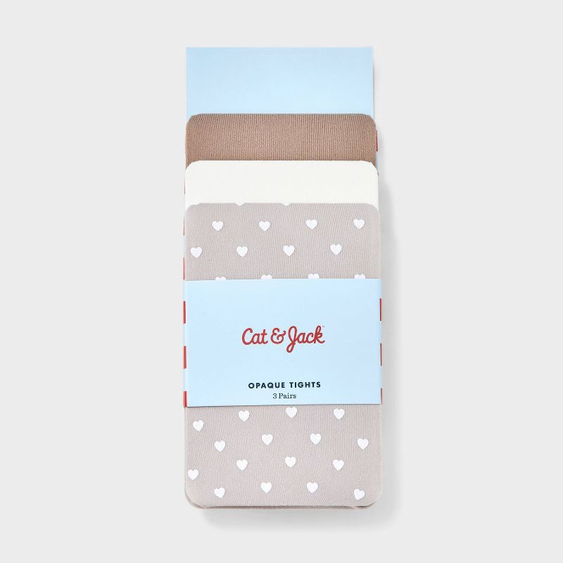slide 2 of 3, Toddler Girls' 3pk 'Hearts' Tights - Cat & Jack™ Gray/Ivory/Taupe 4T-5T: Nylon Spandex Knit, High Waisted, 3 ct