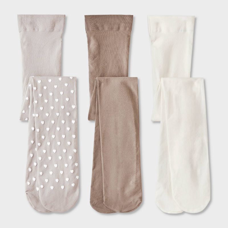 slide 1 of 3, Toddler Girls' 3pk 'Hearts' Tights - Cat & Jack™ Gray/Ivory/Taupe 4T-5T: Nylon Spandex Knit, High Waisted, 3 ct