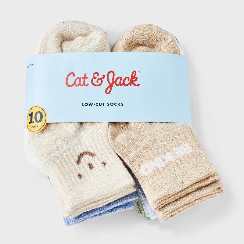 slide 2 of 3, Toddler 10pk Low-Cut Socks - Cat & Jack™ 2T-3T: Midweight Knit, Rib Cuffs, Solid & Classic Patterns, 10 ct