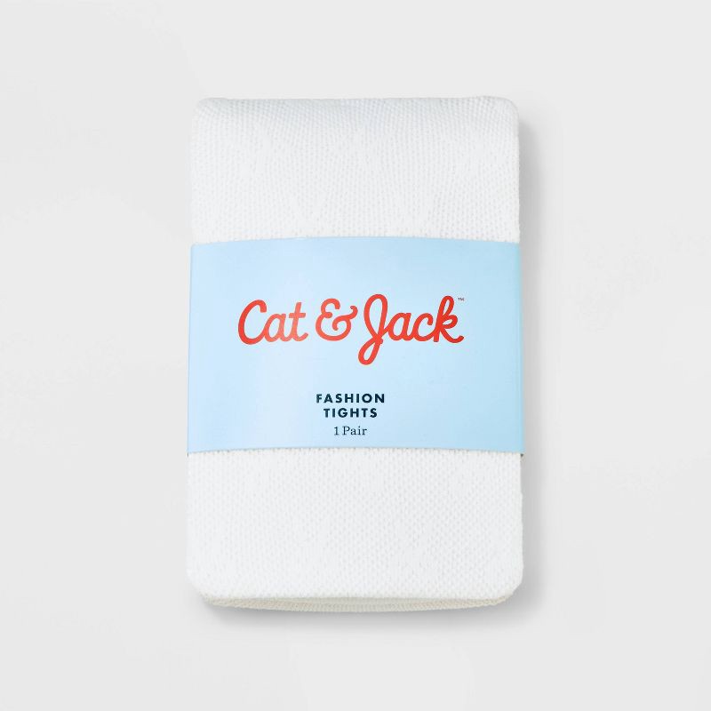 slide 2 of 3, Toddler Girls' 'Bows' Tights - Cat & Jack™ White 2T-3T: High Waisted, Full Waistband Elastic, Knit, Opaque, Machine Washable, 1 ct